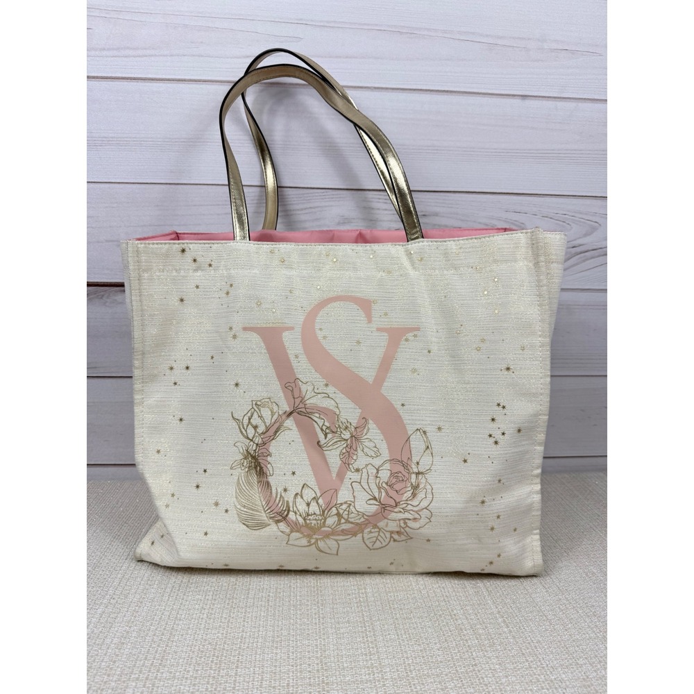Victoria's Secret Pink Floral VS Logo Tote Bag Gold Handles Stars